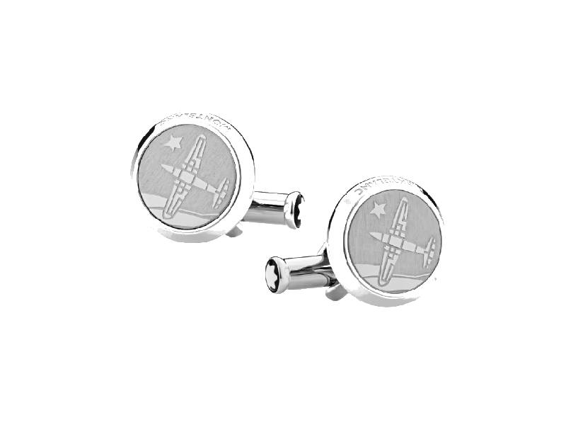 CUFFLINKS, ROUND IN STAINLESS STEEL WITH AEROPLANE ENGRAVING LE PETIT PRINCE MONTBLANC 123795